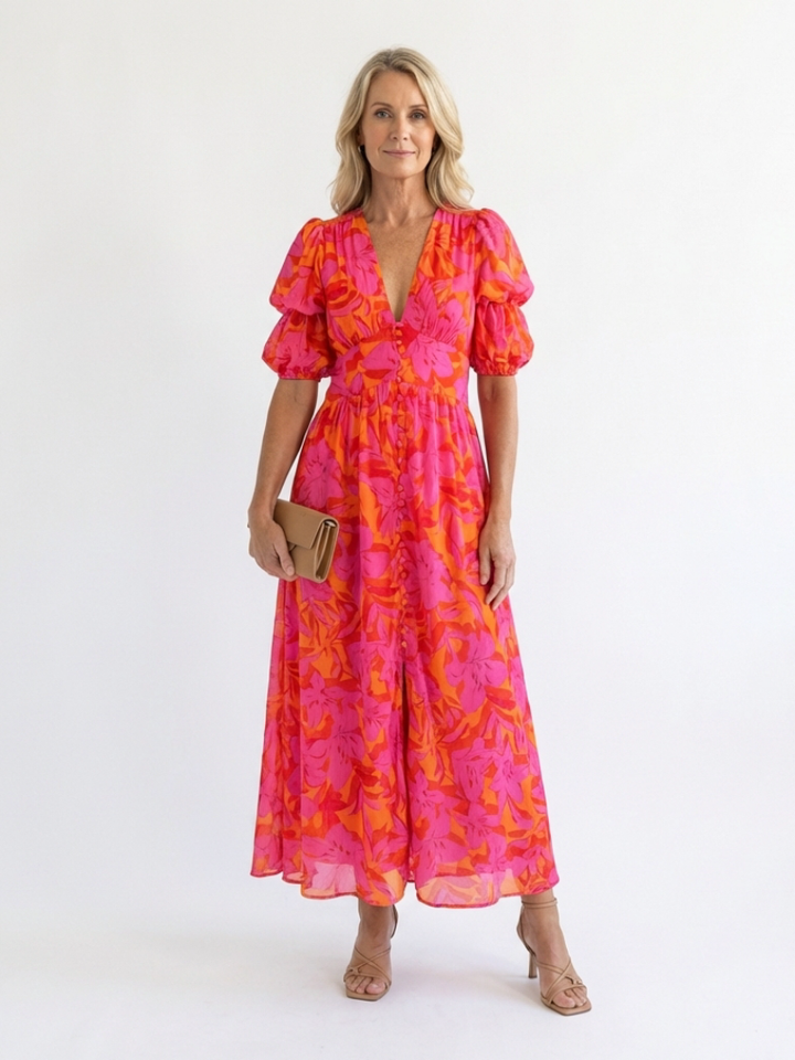 Willow - Floral V Neck Puff Sleeve Midi Dress