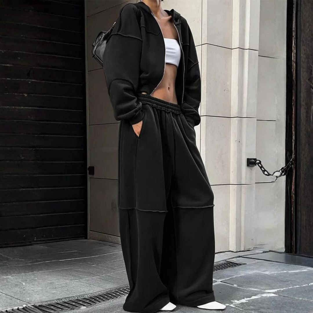 DARA™ - Comfy Zip Up Hooded Sweatshirt and Elastic Waist Pants Set
