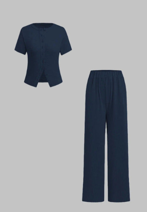 MIRANDA™ - Casual Button Front Top and Wide Leg Pants Set