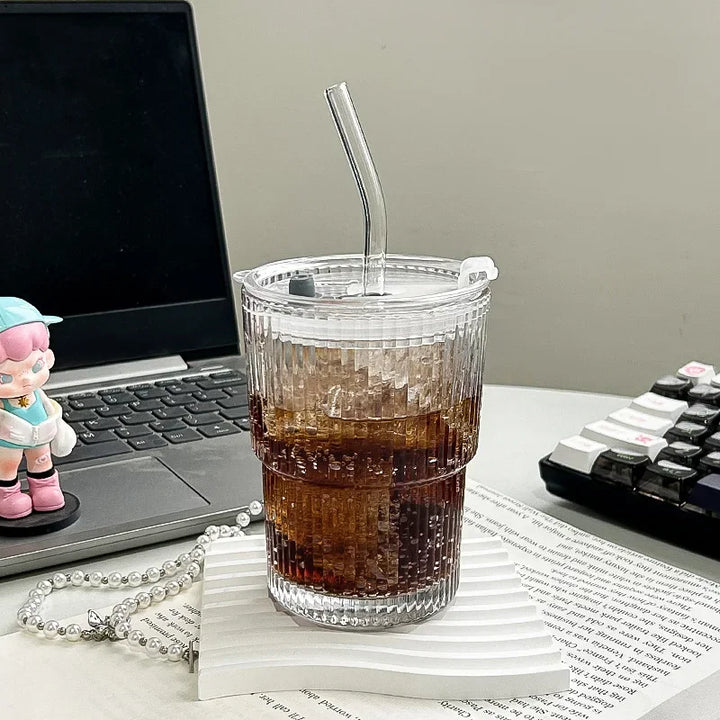 1pc 400ml Stripe Glass with Lid/Straw