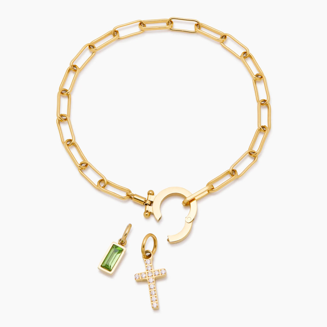 Paperclip Birthstone Cross Charm Bracelet