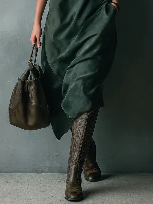 Isna Green Loose Suede Lapel Long Sleeve Midi Dress