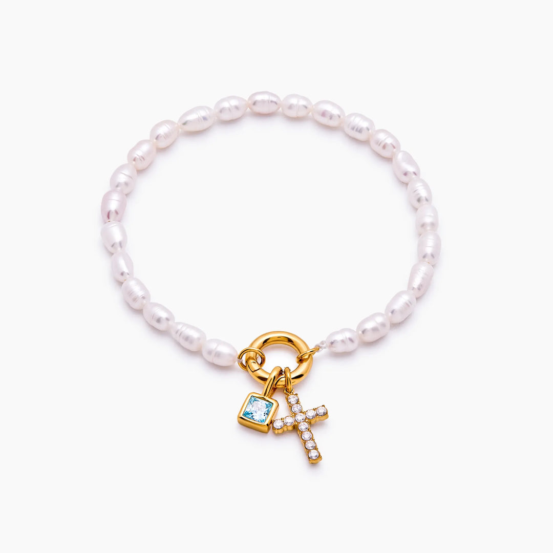 Pearl Birthstone Cross Charm Bracelet
