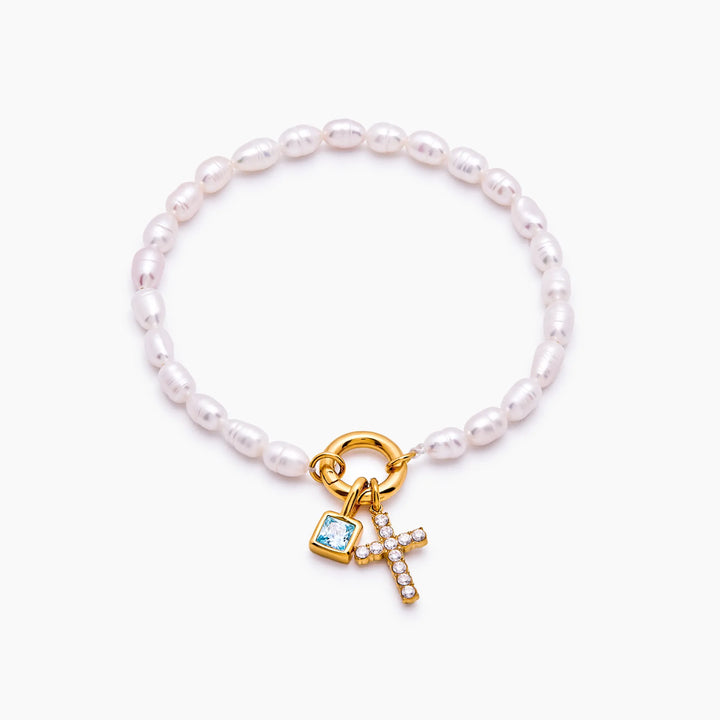 Pearl Birthstone Cross Charm Bracelet